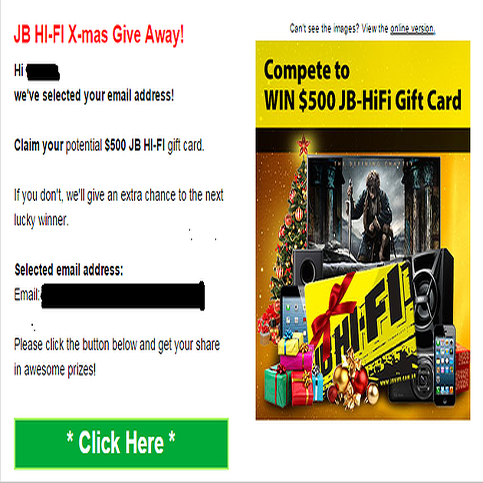 MailShark More gift card scam emails. JB Hi-Fi, Myer.