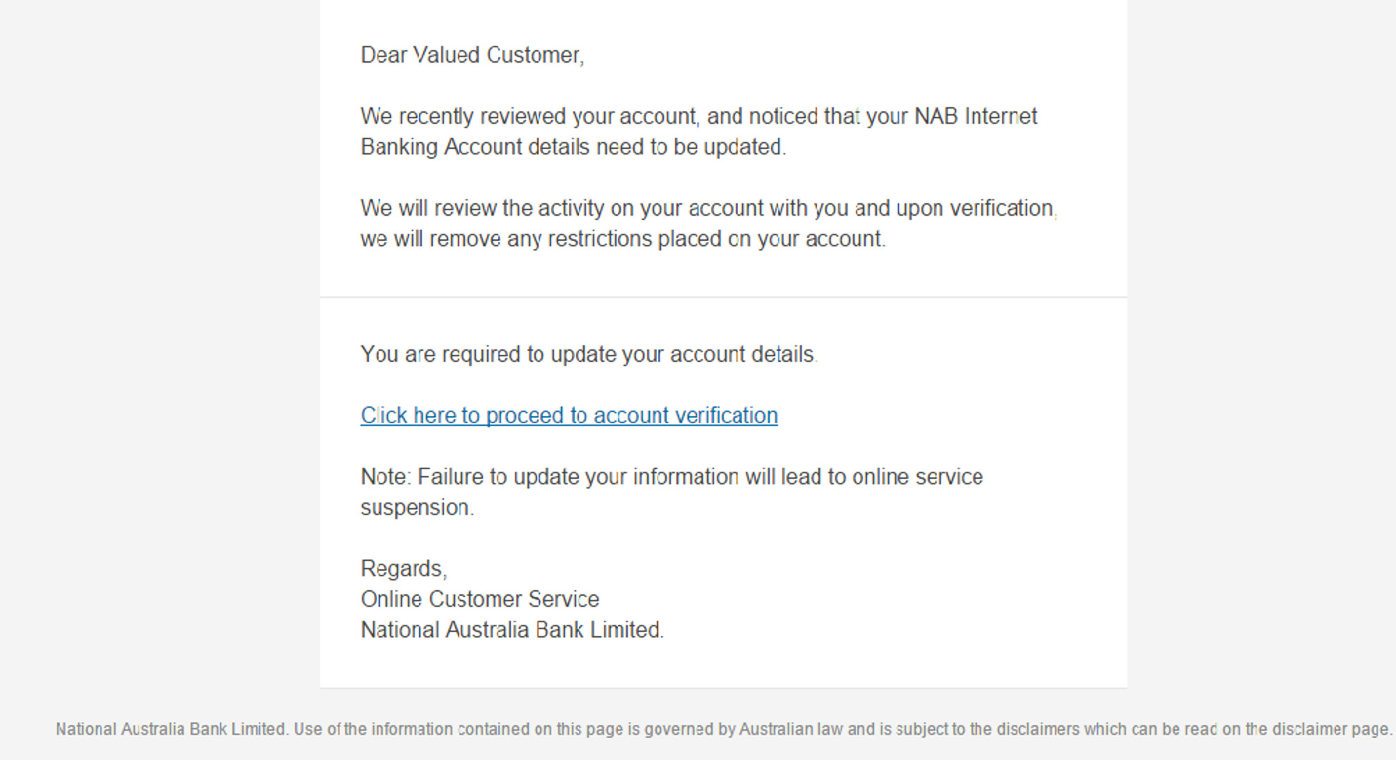 MailShark Phishing email threatens Online Service Suspension