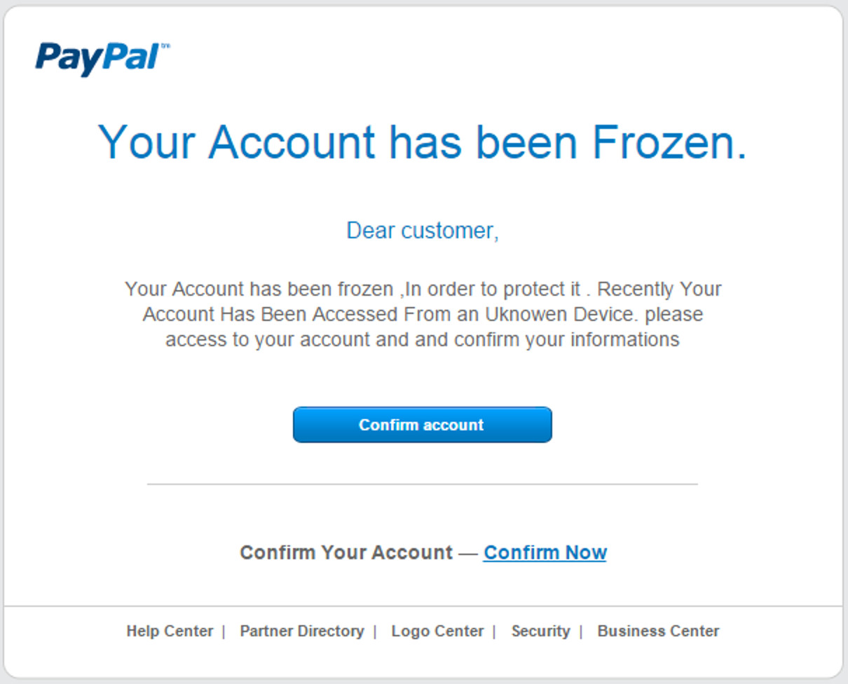 MailShark Account frozen PayPal phishing email says