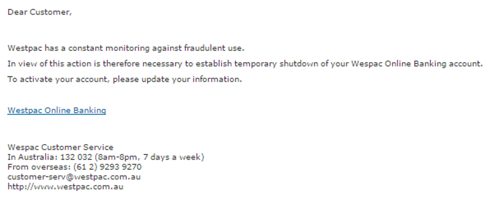 MailShark Westpac account temporarily shutdown